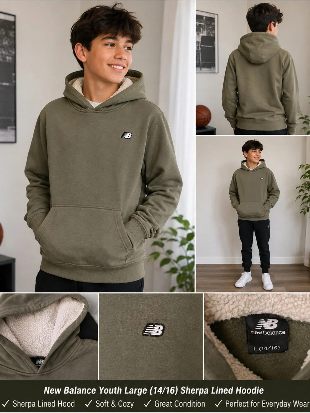 New Balance Youth Large Olive Green Sherpa Lined Hooded Pullover